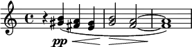 { \time 4/4 \relative c' {
r4 < b' gis >\pp\<( < a fis > < gis e > < b g >2\> < a f > ~ < a f >1)\! |
}}