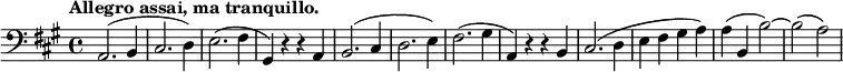 
\relative c {
 \new Staff { \key a \major \time 4/4 \set Score.tempoHideNote = ##t \tempo "Allegro assai, ma tranquillo." 4=180 \clef bass
  a2.( b4 cis2. d4) e2.( fis4 gis,) r r a b2.( cis4 d2. e4) fis2.( gis4 a,)
  r r b cis2.( d4 e fis gis a) a( b, b'2~) b( a)
 }
}
