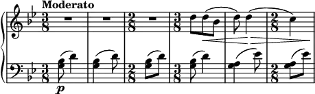 
 { \new PianoStaff <<
    \new Staff = "RH" \relative c'' { \clef treble \key g \minor \tempo Moderato
     \time 3/8 R4. | R4. | \time 2/8 R4 |
     \time 3/8 d8 d8\<( bes8 | d8) d4\>( | \time 2/8 c4) | \! }
    \new Staff = "LH" \relative c' { \clef bass \key g \minor  
     \time 3/8 <bes g >8\p( d4)  | <bes g >4( d8)  | \time 2/8 [ <bes g >8( d8) ] |
     \time 3/8 <bes g >8( d4)  | <a g >4( ees'8)  | \time 2/8 [ <a, g >8( ees'8)] | }
   >> }
