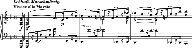 
 \relative c' {
  \new PianoStaff <<
   \new Staff { \key f \major \time 4/4 \partial 16
    \tempo \markup {
     \column {
      \line { \italic { Lebhaft. Marschmässig. } }
      \line { Vivace alla Marcia. }
     }
    }
    <<
     {
      \override DynamicLineSpanner #'staff-padding = #1.8
      \override DynamicLineSpanner #'Y-extent = #'(-1.0 . 1.0)
      \override TextScript #'Y-extent = #'(-1.0 . 1.0)
      <a' f c a>16\f <a~ f c a>2\sf( a8.[ f16\p a8) r16 d] d4\cresc( c8.\! b16 c8)[ r16 a( c8) r16 ges']
      ges4( f8. e!16 f8)[ r16 b,( f'8) r16 bes] bes4
     }
    \\
     { s16 s1 g,2 ges4 s8. <c a>16 <bes~ f~>2 <bes f>4 s e }
    >>
   }
   \new Staff { \key f \major \time 4/4 \partial 16 \clef bass
    <f,,, f,>16 <f f,>8[ r16 f( f'8) r16 f]( f'8 r f,,[ r16 f] e4 e''8[ r16 e] es4 es,,8[ r16 es]
    d4 d''8[ r16 d] des4 des,,8[ r16 des] c4
   }
  >>
 }

