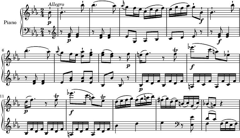 
\version  "2.18.2"
\header {
  tagline = ##f
}
upper = \relative c' {
  \clef treble
  \key ees \major
  \time 2/4
  \tempo "Allegro"
  \tempo 4 = 120
  %\autoBeamOff

    \partial 8 bes'8-! \p ^\markup{ \italic {Allegro } } 
    bes4.-! bes'8-!
    bes4. (aes8)
   \grace aes16 (g8) f16 ees c (ees d f)
    ees (g f aes) g8-! bes,-! \f bes4.-! bes'8-!
    bes4. (aes8)
    \grace aes16 (g8) f16 ees <d aes'>8-! <ees g>-!
    <ees g> (<d f>) r f\p
    e16 (f8.) r8 f  \trill
    ees'!8.\f (c16 a8) ees!-!
    d16  \p (f8.) r8 f  \trill
    ees'!8. \f (c16 a8) ees  \trill
    d16 (ees f g) f (g a bes)
    fis (g) d (ees) b (c) g (c)
    bes!8 (a) r4
}

lower = \relative c' {
  \clef bass
  \key ees \major
  \time 2/4
  \partial 8 r8
  \clef treble
   r <ees g>8 \p <ees g>4
  r8 <d f>8 <d f>4
  ees8 g, aes bes
  c d ees r
  r <ees g>8 \f <ees g>4
  r8 <d f>8 <d f>4
  ees8 <g bes> <f bes> <ees bes'>
  bes bes' bes, r
  bes16 \p f' d f bes, f' d f
  \repeat unfold 2 {a, f' c f}
  \repeat unfold 2 {bes, f' d f}
  \repeat unfold 2 {a, f' d f}
  bes4 d ees \clef bass r8 <ees,, ees'>8
  <<{\stemDown f4} \\ {\stemUp d'8 ^(c)}>>
  f,16 (g ees f)
}
\score {
  \new PianoStaff <<
    \set PianoStaff.instrumentName = #"Piano"
    \new Staff = "upper" \upper
    \new Staff = "lower" \lower
  >>
  \layout {
    \context {
      \Score
      \remove "Metronome_mark_engraver"
    }
  }
  \midi { }
}
