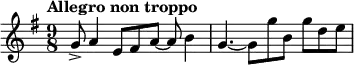 \relative f' { \key e \minor \time 9/8 \tempo "Allegro non troppo" g8-> a4 e8 fis a~ a b4 | g4.~ g8 g' b, g' d e }
