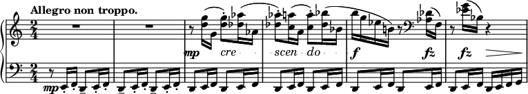 \relative c''' {
\new PianoStaff <<
\new Staff {
\key a \minor \time 2/4 \set Score.tempoHideNote = ##t \tempo "Allegro non troppo." 4=105
\override Score.NonMusicalPaperColumn #'line-break-permission = ##f
R2 R r8 <g d>16( g, <g' d>8-.) <aes des,>16( aes, <aes' des,>8-.) <a c,>16( a, <a' c,>8-.)
<bes des,>16( bes, b' g es b!) r8 \clef bass <des, aes>16( f,) r8 <g' es>16( bes,) r4
}
\new Dynamics {
\override TextScript #'whiteout = ##t
s2 s s8\mp s
\set crescendoText = \markup { \italic { cre } }
\set crescendoSpanner = #'text
\override DynamicTextSpanner.style = #'dotted-line
s\< s \set crescendoText = \markup { \italic { scen } }
s\! \< s \set crescendoText = \markup { \italic { do } }
s\! \< s s\f s4 s8\fz s s\fz s\> s16 s16\!
}
\new Staff {
\key a \minor \time 2/4 \clef bass
r8\mp e,,16-. f-. d8-- e16-. f-. d8-- e16-. f-. d8-- e16-. f-. d8 e16 f d8 e16 f
d8 e16 f d8 e16 f d8 e16 f d8 e16 f d8 e16 f d e f g
}
>>
}