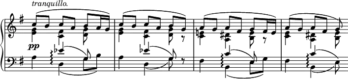 
 \relative c' {
  \new PianoStaff <<
   \new Staff \with { \remove "Time_signature_engraver" } { \key g \major \time 3/4
    <<
     {
      c'8^\markup \italic tranquillo. ( b c a b a16 g) c8( b c[ a] b g)
      a( g a fis g fis16 e) a8( [ g] a[ fis] g)
     }
    \\
     {
      <g e>4 <fis c> <g d>8 s <g e>4 <fis c> <g d>8 r
      <e! c>4 <dis a> <e b>8 r <e c>4 <dis a> <e b>8
     }
    >>
   }
   \new Dynamics {
    s4\pp
   }
   \set PianoStaff.connectArpeggios = ##t
   \new Staff \with { \remove "Time_signature_engraver" } { \key g \major \time 3/4 \clef bass
    <<
     {
      s4 es\arpeggio ( g,8) s s4 es'( g,8) f\rest
      s4 c'\arpeggio ( e,8) s s4 c'4\arpeggio ( \once \hideNotes e,8)
     }
    \\
     {
      a4 d,\arpeggio ( g8 b) a4 d,( g8) s
      fis4 b,\arpeggio ( e8 g) fis4 b,\arpeggio ( e8)
     }
    >>
   }
  >>
 }
