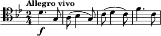  \relative f' { \clef tenor \key g \minor \time 2/4 \tempo "Allegro vivo" d4.\f g,8 | a( bes4 g8) | c8( d4 c8) | f4. c8 }