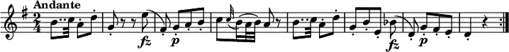 
\version "2.18.2"
\relative c'' {
  \key g \major
  \time 2/4
  \tempo "Andante "
  \tempo 4 = 44
  b8.. c32 a8-. d-.
  g,-. r r e'\fz
  (fis,-.) g-.\p [a-. b-.]
  c \grace c32 (b16) (a32 b) a8 r
  b8.. c32 a8-. d-.
  g,-. [b-. e,-.] bes'\fz
  (d,-.) g-.\p [fis-. e-.]
  d4-. r \bar ":|."
}
