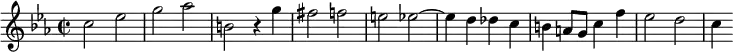 \relative c'{
\clef treble
\key c \minor
\time 2/2
c'2 ees | % 1
g aes | % 2
b, r4 g' | % 3
fis2 f | % 4
e ees~ | % 5
ees4 d des c | % 6
b a8 g c4 f | % 7
ees2 d \bar "|" | % 8
c4
}