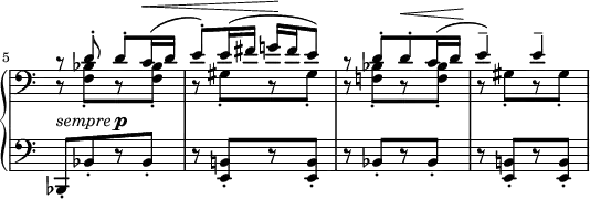
 \relative c' {
  \new PianoStaff <<
   \new Staff \with { \remove "Time_signature_engraver" } { \key c \major \set Score.tempoHideNote = ##t \tempo "" 4=120 \time 2/4 \clef bass
    \set Score.currentBarNumber = #5 \bar ""
    <<
     { c8\rest d-. d-. c16( ^\< d e8-. ) e16( fis g!\! fis e8) c\rest d-.[ d-.^\< c16( d] e4--\! ) e-- }
    \\
     { d,8\rest <bes' f>-.[ r <bes f>-.] d,\rest gis-.[ r gis-.] d\rest <bes' f!>-.[ r <bes f>-.] d,\rest gis-.[ r gis-.] }
    >>
   }
   \new Dynamics {
    s4-\markup{ \italic sempre \dynamic p  }
   }
   \new Staff \with { \remove "Time_signature_engraver" } { \key c \major \time 2/4 \clef bass
    bes,,8-.[ bes'-. r bes-.] r <b! e,>-.[ r <b e,>-.] r bes-.[ r bes-.] r <b! e,>-.[ r <b e,>-.]
   }
  >>
 }
