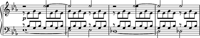 
 \relative c' {
  \new PianoStaff <<
   \new Staff \with { \remove "Time_signature_engraver" } { \key c \minor \time 4/4
    <<
     { d'2\rest es2~ es es d\rest es~ es es }
    \\
     {
      r8 es, g es es' es, g es g es g es r es g es
      r es g es es' es, g es g es g es r es g es
     }
    >>
   }
   \new Dynamics {
    s4\p
   }
   \new Staff \with { \remove "Time_signature_engraver" } { \key c \minor \time 4/4 \clef bass
    <<
     {
      r8 bes g bes g bes g bes | g bes g bes r bes g bes |
      r bes g bes g bes g bes | g bes g bes r bes g bes
     }
    \\
     { es,1~ es2 es des1~ des2 des }
    >>
   }
  >>
 }
