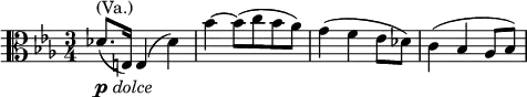 \relative g' { \clef alto \key c \minor \time 3/4 des8.^\markup { (Va.)}_\markup { \dynamic p \italic dolce }( e,16) e4( des') | bes'~ bes8( c bes as) | g4( f es8 des) | c4( bes as8 bes) }