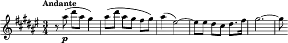 
\relative c' {
\key fis \major
\time 3/4
\tempo "Andante"
\tempo 4 = 66
r8 ais''\p\noBeam ( dis ais gis4 )
ais8 ( [ dis ] ais [ gis ] fis [ gis ] )
ais4 ( eis2 )~
eis8 [ eis ] dis [ cis ] dis8. [ fis16 ]
gis2.~
gis8
}
