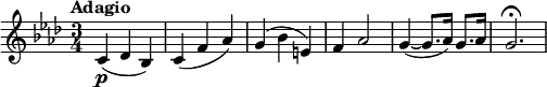 \version "2.18.2"
\relative c'' {
\key f \minor
\time 3/4
\tempo "Adagio"
\tempo 4 = 52
c,\p (des bes)
c (f aes)
g (bes e,)
f aes2
g4~ (g8. aes16) g8. aes16
g2.\fermata
}