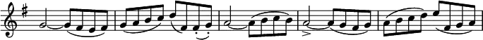 \relative c'' \new Staff \with { \remove "Time_signature_engraver" } {
\set Score.tempoHideNote = ##t \tempo "" 4=135 \key g \major \time 4/4
g2~ g8( fis e fis) g( a b c) d( fis,) fis-.( g-.)
a2~ a8( b c b) a2->~ a8( g fis g) a( b c d) e( fis, g a)
}
