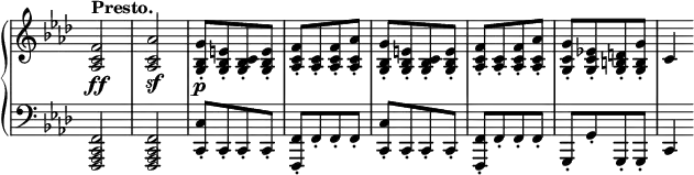 
 \relative c' {
  \new PianoStaff <<
   \new Staff \with { \remove "Time_signature_engraver" } { \key f \minor \time 2/4 \tempo "Presto."
    <f c aes>2\ff <aes c, aes>\sf <g bes, g>8-.\p[ <e bes g>-. <c bes g>-. <e bes g>-.] <f c aes>-.[ <c aes>-. <f c aes>-. <aes c, aes>-.]
    <g bes, g>8-.[ <e bes g>-. <c bes g>-. <e bes g>-.] <f c aes>-.[ <c aes>-. <f c aes>-. <aes c, aes>-.] <g c, g>-.[ <es! c g>-. <d b g>-. <g b, g>-.] c,4
   }
   \new Staff \with { \remove "Time_signature_engraver" } { \key f \minor \time 2/4 \clef bass
    <f,, c aes f>2 <f c aes f> <c' c,>8-.[ c,-. c-. c-.] <f f,>-.[ f-. f-. f-.]
    <c' c,>-.[ c,-. c-. c-.] <f f,>-.[ f-. f-. f-.] g,-.[ g'-. g,-. g-.] c4
   }
  >>
 }
