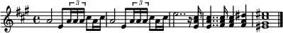 
\header { tagline = ##f }
\score {
  \new Staff \with{ \magnifyStaff #3/4 }{
    \key a \major
    \once \omit Score.MetronomeMark \tempo "Maestoso" 4 = 82
    \override Score.SpacingSpanner #'common-shortest-duration = #(ly:make-moment 1 8)
    \new Voice {
      \relative c'' {a2 e8 \tuplet 3/2 {a16 a a} cis8 a16 cis16 a2 e8 \tuplet 3/2 {a16 a a} cis8 a16 cis16 e2.. r16 
        \once \omit Score.MetronomeMark \tempo 4 = 66
        <e, a cis>16 <e a cis>4.. <fis a cis>16  
        \once \omit Score.MetronomeMark \tempo 4 = 62
        <fis a cis>4 
        \once \omit Score.MetronomeMark \tempo 4 = 56
       <fis a dis>4 <eis gis cis eis>1 \bar "|."
      }
    }
  }
  \layout {indent = 0\mm line-width = 100\mm}
  \midi {}
}