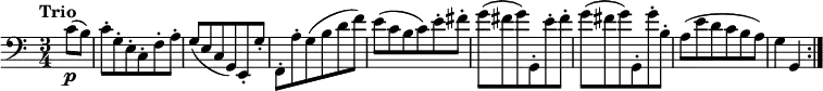 \version "2.18.2"
\relative c'' {
\key c \major
\time 3/4
\tempo "Trio "
\tempo 4 = 132
\clef "bass" \partial 4 c,8\p (b)
c-. g-. e-. c-. f-. a-.
g (e c g) e-. g'-.
f,-. a'-. g (b d f)
e (c b c) e-. fis-.
g (fis g) g,,-. e''-. fis-.
g (fis g) g,,-. g''-. b,-.
a (e' d c b a)
g4 g, \bar ":|."
}