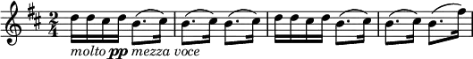 \relative c'' {
\time 2/4
\key b \minor 
d16_\markup{\italic "molto" \dynamic "pp" \italic "mezza voce"} d cis d b8.( cis16) | b8.( cis16) b8.( cis16) | d16 d cis d b8.( cis16) | b8.( cis16) b8.( fis'16) |
}