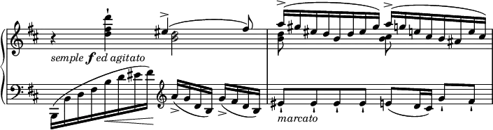 \new GrandStaff <<
  \new Staff {\relative b' {\key b \minor \omit Staff.TimeSignature \time 2/2
{r4_\markup {\italic semple \dynamic f \italic {ed agitato}} <d fis d'>-!}
<<
\relative b' {\once \override NoteColumn.force-hshift = #-2.0 eis4.(-> fis8) a16(-> gis eis d b d eis gis) a(-> g e cis b ais e' cis)} 
\\
\relative b' {<b d>2 <b d>8 s4. <b cis>8 s4.}
>>}}
  \new Staff {\relative b {\clef bass \key b \minor \omit Staff.TimeSignature \time 2/2
{b,,16( b' d fis b\< d eis fis)\! \clef treble a([-> g d b)] g'(-> fis d b) eis8-!_\markup {\italic marcato} eis-! eis-! eis-! e([ d16 cis]) g'8-! fis-!} 
}} >> 