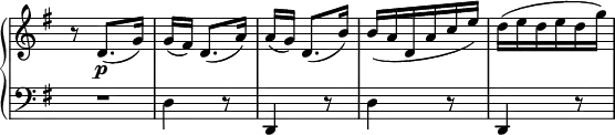 
\relative c' {
  \new PianoStaff <<
   \new Staff \with { \remove "Time_signature_engraver" } { \key g \major \time 3/8 \set Score.tempoHideNote = ##t \tempo "" 4.=72
    r8 d8.\p ( g16) g[ ( fis) ] d8.( a'16) a[ ( g) ] d8.( b'16) b( a d, a' c e) d( e d e d g)
   }
   \new Staff \with { \remove "Time_signature_engraver" } { \key g \major \time 3/8 \clef bass
    R4. d,,4 r8 d,4 r8 d'4 r8 d,4 r8
   }
  >>
 }
