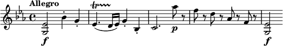 \relative c' {
\key es \major
\tempo "Allegro"
<g es'>2\f bes'4-. g-. es4.\startTrillSpan( d16\stopTrillSpan es) g4-. bes,-. c2. as''8\p r f r d r as r f r <g, es'>2\f
}