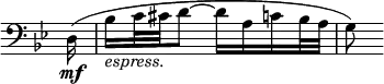 
\relative c' \new Staff \with { \remove "Time_signature_engraver" } {
 \key g \minor \time 4/8 \clef bass \partial 16
  d,16\mf( bes'_\markup \italic espress. c32 cis d8~ d16 a c bes32 a g8)
}
