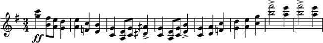 \relative c''' { \key g \major \time 3/4
<c g>4\ff <fis, b,>8 <e a,> <d g,>4 |<e a,> <c f,> <b e,>
| <g c,> <e a,>8 <g c,> <ais dis,>4-> | <g c,> <e a,>8 <g c,> <b e,>4-> |
<g c,> <a d,> <c f,> | <d g,> <e a,> <g c,> |<fis'-> b,>2 <e a,>4 | <fis-> b,>2 <e a,>4 }