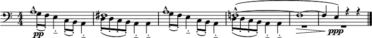 
\new Staff <<
  \new Voice = "first"
    \relative { \clef bass  \key a \minor  \numericTimeSignature \time 4/4
    \voiceOne a1^^ fis1  a1^^ f!1^^~( f1~\> f4 e4-\ppp) r r \bar "|."}
  \new Voice= "second"
    \relative { \voiceTwo  g8-.(-\pp f8-.) e4-_ c8-.( b8-.) a4-_ | [ d8-.( d-. c-. b-.) ] a4-_ a4-_ 
     g'8-.( f8-.) e4-_ c8-.( b8-.) a4-_ | [ d8-.( d-. c-. b-.) ] a4-_ a4-_  R1 R1 }
>>
