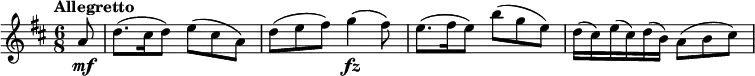 \version "2.18.2"
\relative c'' {\set Staff.midiInstrument = #"violin"
\key d \major
\time 6/8
\tempo "Allegretto"
\tempo 4 = 66
\partial 8 a8\mf
d8. (cis16 d8) e (cis a)
d (e fis) g4\fz (fis8)
e8. (fis16 e8) b' (g e)
d16 (cis) e (cis) d (b) a8 (b cis)
}