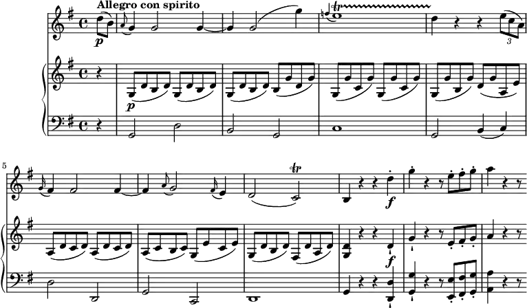 \version "2.18.2"
\header {
tagline = ##f
}
upper = \relative c'' {
\key g \major
\time 4/4
\tempo 4 = 140
\set Staff.midiMinimumVolume = #0.2 \set Staff.midiMaximumVolume = #0.5
\partial 4 r4 g,8\p (d' b d) \repeat unfold 2 { g, (d' b d)}
b (g' d g) g, ( g' c, g') g, ( g' c, g') g, ( g' b, g') d ( g a, e')
a, ( d c d) a ( d c d) a (c b c) g ( e' c e) g, ( d' b d) fis, ( d' a d)
<g, d'>4 r r d'-!\f g-! r r8 e-. fis-. g-. a4 r r8
}
lower = \relative c {
\clef bass
\key g \major
\time 4/4
\partial 4 r4 g2 d' b g c1 g2 b4 (c)
d2 d, g c, d1 g4 r r <d-! d'> <g-! g'> r r8 <e-. e'> <fis-. fis'> <g-. g'> <a a'>4 r r8
}
vl = \relative c'' {
\key g \major
\time 4/4
\partial 4 d8\p ^ \markup {\bold {"Allegro con spirito"} } (b)
\grace a8 (g4) g2 g4 ~ g g2 (g'4)
\grace f4 (e1)\startTrillSpan d4 \stopTrillSpan r r \tuplet 3/2 {e8 (c a)}
\grace g16 (fis4) fis2 fis4 ~ fis \grace a8 (g2) \grace fis16 (e4) d2 (c \trill)
b4 r r d'-.\f g-. r r8 e-. fis-. g-. a4 r r8
}
\score {
\new GrandStaff <<
\new PianoStaff <<
\new Staff = "upper" \upper
\new Staff = "lower" \lower
>>
\new Staff = "vl" \vl
>>
\layout {
\context {
\Score
\remove "Metronome_mark_engraver"
}
}
\midi { }
}