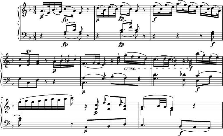 
\version "2.18.2"
\header {
  tagline = ##f
}
upper = \relative c'' {
         \clef "treble" 
         \tempo "Andante un poco afagio"
         \key f \major
         \time 3/4 
         \tempo 4 = 46
       a16.\p (f32) bes16. (g32) c8.\fp (a16) f8 r
       d'16.\p (bes32) e16. (c32) f8.\fp (c16) a8 r
       f'16.\f (c32)  g'16. (e32)  a16. (g32)  f16. (e32) f16. (c32) d16. (a32)
       <d, c'>8 <e bes'>\trill <f a> r a16-!\p bes-! b-! c-!
       f,8. (g32 f e8) r16 e'-! g\cresc (f e d)
       c8. (d32 c b8) r16 bes!\f bes' (g) f (e)
       f32 (g f g a bes a bes c8) r16 <f,, c'> \p  \grace e'32 ^(<f, d'>8) \grace c'32 ^(<f, bes>8)
       <<{a8. (bes32 a g4) } \\ {f e}>> r4
}

lower =\relative c' {      
         \clef "bass" 
         \key f \major
         \time 3/4 
\set Staff.midiMinimumVolume = #0.2 
\set Staff.midiMaximumVolume = #0.4
        r4 <<{a8. (c16) a8} \\ {f4\fp (f8)}>> r8
        r4 <<{c'8. (f16) c8} \\ {a4\fp (a8)}>> r8
        r4 r r8 <f a>\f
        g c, f r r4
        <<{a4 (g8)} \\ {c,4.\p}>> bes'8 (a) <f a>
        <g d'>4. <f des'>8 <<{c'4 (c) } \\ {e,8\f bes' a}>> 
         r8 a,\p bes d
         c4. bes8\f (a g)
} 

\score {
  \new PianoStaff <<
    
    \new Staff = "upper" \upper
    \new Staff = "lower" \lower
  >>
  \layout {
    \context {
      \Score
      \remove "Metronome_mark_engraver"
    }
  }
  \midi { }
}
