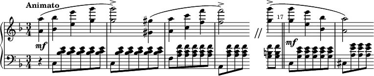 \new PianoStaff <<
\new Staff \relative c'' {\key f \major \time 3/4 \tempo "Animato" \partial 4 <a a'>4\mf( <bes bes'> <e e'> <g g'> <g g'>2->) <gis, gis'>4( <a a'> <c c'> <f f'> \cadenzaOn <f f'>2->) \stopStaff \once \override Stem.transparent = ##t 
\once \override NoteHead.stencil = #ly:text-interface::print
\once \override NoteHead.text = \markup \fontsize #5 " //" d,1 \startStaff <g' g'>4->( \cadenzaOff \override Score.BarNumber #'outside-staff-priority = ##f \override Score.BarNumber.break-visibility = ##(#f #t #f) \set Score.currentBarNumber = #17 \bar "||" <g g'>\mf <e e'> <bes bes'> \override Score.BarNumber.break-visibility = ##(#f #f #f) <a a'>2)}
\new Staff \relative c {\clef bass \key f \major r4 c8 <bes' c e> q q q q c,8 <bes' c e> q q q q f <a c f> q q q q a,[ <a' c f> q q] \stopStaff s1 \startStaff <g b f'>8[ q] c, <g' c e> q q q q cis,[ <a' e' g> q q ]}
>>
