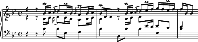 { \new PianoStaff <<
\new Staff = "right" {\key bes \major \time 4/4 \set Score.tempoHideNote = ##t \tempo "" 8=60
{<<
\relative{r4 r8 bes'16\mordent c \appoggiatura c16 d8 c16\prall bes \appoggiatura bes a8\prall bes16 c bes\mordent f f8 r bes16\mordent c \appoggiatura c d8 es16\prall f g f es\prall f f bes, bes8 }
\\
\relative{r4 r8 d'16 es16 \appoggiatura es f8 es16 d c8 d16 es d4 r8 d16 es f8 \change Staff="left" \stemUp es16 d es8 c d4 }
>>}
}
\new Staff = "left" {\clef bass \key bes \major \time 4/4 \relative c'
{r4 r8 bes bes es, f4 bes bes,8 bes' bes4 es, bes'}
}
>>
}