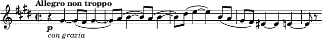 \relative f' { \key e \major \time 2/2 \tempo "Allegro non troppo" r\p-\markup { \italic { con grazia } } gis~ gis8( fis gis4~ | gis8) a( b4~ b8) a( b4~ | b8) dis( e4~ e) b8( a | gis fis) eis4~ eis e~ | e8 r8 }