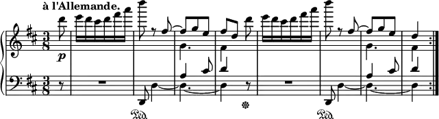 
\relative c''' {
  \new PianoStaff <<
   \new Staff {
    \key d \major \time 3/8 \set Score.tempoHideNote = ##t \tempo "à l'Allemande." 4=105 \partial 8
    <<
     {
      \stemDown d8\p e16 d cis d fis a d8 r \stemUp fis,,~ fis g e fis[ d]
      \stemDown d' e16 d cis d fis a d8 r \stemUp fis,,~ fis g e d4 \bar ":|."
     }
    \\
     { s8 s4. s g,4. fis4 s8 s4. s g4. fis4 }
    >>
   }
   \new Staff { \key d \major \time 3/8 \clef bass
    <<
     { s8 s4. s a,4 cis8 d4 s8 s4. s a4 cis8 d4 }
    \\
     {
      \override MultiMeasureRest.staff-position = #0
      d,8\rest R4. \once \stemUp d,8\sustainOn d'4~ d4.~ d4 d8\rest\sustainOff R4.
      \once \stemUp d,8\sustainOn d'4~ d4.~ d4
     }
    >>
   }
  >>
 }

