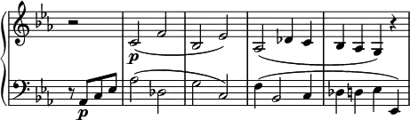 
 \relative c' {
  \new PianoStaff <<
   \new Staff \with { \remove "Time_signature_engraver" } { \key c \minor \time 2/2 \partial 2
    r2 c2\p ( f bes, es) aes,( des4 c bes aes g) r4
   }
   \new Staff \with { \remove "Time_signature_engraver" } { \key c \minor \time 2/2 \clef bass \partial 2
    r8 aes,_\p c es aes2( des, g c,) f4( bes,2 c4 des d es es,)
   }
  >>
 }
