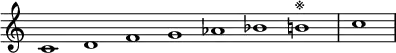 \relative c' {
\new Staff \with { \remove "Time_signature_engraver" }
{ \key a \minor \time 1/1 \cadenzaOn c1 d f g aes bes b^\markup{※} \bar "|" c \bar"|"}
}