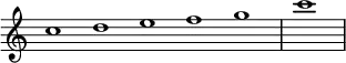 \relative c'' {
\new Staff \with { \remove "Time_signature_engraver" }
{ \key c \major \time 1/1 \cadenzaOn c1 d e f g \bar "|" c \bar"|"}
}