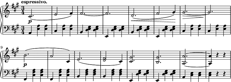 \relative g'' {
\new PianoStaff <<
\new Staff { \key fis \minor \time 3/4
\set Score.tempoHideNote = ##t
\tempo "espressivo." 2. = 64
cis,,2.\p( e2 fis4) fis2.~ fis d2.\<( fis2 gis4\!) gis2.~\> gis\! b\p( a2 cis,4) e2.( <d fis>2 cis4) <cis gis'>2. <b gis'> <a a'>~ <a a'>4 r r
}
\new Staff { \key fis \minor \time 3/4 \clef bass
a, <e' a> <e a> cis <e a> <e a> b <d e gis> <d e gis> e, <d' e gis> <d e gis> b <d e gis> <d e gis> e, <d' e gis> <d e gis> cis <e a> <e a> cis <e a> <e a> fis, <a' fis cis> <a fis cis> fis, <a' fis cis> <a fis cis> b, <a' fis d> <a fis d> b, <a' fis d> <a fis d>e, <d' e gis> <d e gis> e, <d' e gis> <d e gis> a <cis e> <cis e> <cis e> r r
}
>>
}