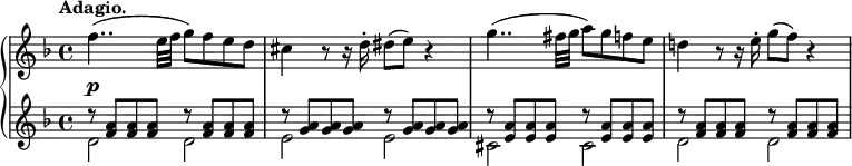 
 \relative c' {
 \new PianoStaff <<
 \new Staff { \key d \minor \time 4/4 \set Score.tempoHideNote = ##t \tempo "Adagio." 4=60
 \override Score.NonMusicalPaperColumn #'line-break-permission = ##f
 {
 f'4..( e32 f g8) f e d cis4 r8 r16 d-. dis8( e) r4
 g4..( fis32 g a8) g f e d!4 r8 r16 e-. g8( f) r4
 }
 }
 \new Dynamics {
 s4\p
 }
 \new Staff { \key d \minor \time 4/4
 <<
 {
 d8\rest <a f> q q d8\rest q q q d8\rest <a g> q q d8\rest q q q
 d8\rest <a e> q q d8\rest q q q d8\rest <a f> q q d8\rest q q q
 }
 \\
 { d,2 d e e cis cis d d }
 >>
 }
 >>
 }
