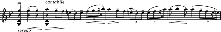 
\relative c''' {
 \new Staff \with { \remove "Time_signature_engraver" } {
  \set Score.tempoHideNote = ##t \tempo "" 4=85 \key bes \major \time 4/4 \partial 2.
  \override TupletBracket.bracket-visibility = ##f
  <g bes, d, g,>4\downbow _\markup \italic sereno <g bes,>--\< ( <g bes,>--)
  <a bes, d, g,>\> ^\markup \italic cantabile g8-- f\! \times 2/3 { e( d) e-- } \times 2/3 { f[ \< ( g r16 bes-.\! ) ] }
  a4\> g8--\! f \times 2/3 { e\prall ( d) e-- } \times 2/3 { e( [ f r16 a--] ) }
  a8\< ( bes4-- a8\! ) a4--( \times 2/3 { g8--[ f r16 e] ) }
 }
}
