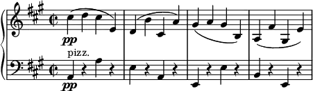 { \new PianoStaff <<
\new Staff \relative cis'' { \set Staff.midiInstrument = #"string ensemble 1" \key a \major \clef treble \time 2/2 \set Score.tempoHideNote = ##t \tempo 2 = 90
cis4 \pp ( d4 cis4 e,4 ) | % 2
d4 ( b'4 cis,4 a'4 ) | % 3
gis4 ( a4 gis4 b,4 ) | % 4
a4 ( fis'4 gis,4 e'4 )
}
\new Staff \relative a, { \set Staff.midiInstrument = #"string ensemble 1" \key a \major \clef bass \time 2/2
a4 \pp ^"pizz." r4 a'4 r4 | % 2
e4 r4 a,4 r4 | % 3
e4 r4 e'4 r4 | % 4
b4 r4 e,4 r4 }
>> }