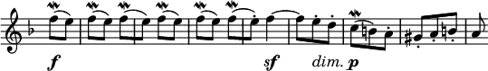 
 \relative c' {
  \new PianoStaff <<
   \new Staff \with { \remove "Time_signature_engraver" } { \key d \minor \time 3/8 \partial 4
    f'8\mordent ( e) f\mordent ( e) f\mordent [( e)] f\mordent ( e) f\mordent ( e) f\mordent [( e-.)]
   f4~ f8 e-. d-. c\mordent ( b) a-. gis-. a-. b-. a
   }
   \new Dynamics {
    s8\f s8 s4. s s s8 s4\sf s8 s\dim s\! s\p
   }
  >>
 }
