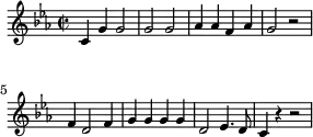 \header { tagline = ##f }
\score {
\new Staff \with{ \magnifyStaff #4/5 }{
\key c \minor
\once \omit Score.MetronomeMark
\tempo 2 = 112
\time 2/2
\override Score.SpacingSpanner #'common-shortest-duration = #(ly:make-moment 1 8)
\new Voice {
\relative c' {c g' g2 g g aes4 aes f aes g2 r f4 d2 f4 g g g g d2 ees4. d8 c4 r r2}
}
}
\layout {indent = 0\mm line-width = 70\mm}
\midi {}
}