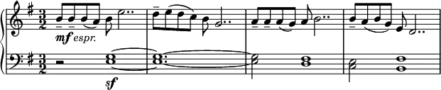 
 { \new PianoStaff <<
    \new Staff = "RH" \relative c'' {  \key e \minor \time 3/2 \numericTimeSignature
       b8-\markup { \dynamic mf \italic { espr.}}--[ b-- b( a) ] b8 e2.. |
       d8--[ e( d c) ] b8 g2.. | a8--[ a-- a( g) ] a8 b2.. | b8--[ a( b g) ] e8 d2.. | }
    \new Staff = "LH" \relative c' { \key e \minor \time 3/2 \clef bass 
       r2 <g e>1_\sf~|<g e>1.~|<g e>2 <fis d>1~|<e c>2 <fis b,>1|}
   >> }
