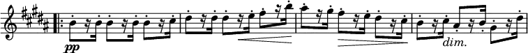 
\relative c'' \new Staff \with { \remove "Time_signature_engraver" } {
 \set Score.tempoHideNote = ##t \tempo "" 4=135 \key b \major \time 3/4
 \bar ".|:" b8-.\pp [ r16 b-. ] b8-. [ r16 b-. ] b8-. [ r16 cis-. ]
 dis8-. [ r16 dis-. ] dis8-. [ r16\< e-. ] fis8-. [ r16 b-. ]
 ais8-.\! [ r16 gis-. ] fis8-.\> [ r16 e-. ] dis8-. [ r16 cis-.\! ]
 b8-. [ r16 cis-.\dim ] ais8-.\! [ r16 b-. ] gis8-. [ r16 dis'-. ]
}

