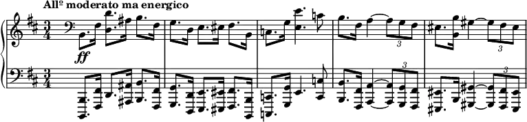 \relative c {
\new PianoStaff <<
\new Staff { \key b \minor \numericTimeSignature \time 3/4
\set Score.tempoHideNote = ##t \tempo "Allº moderato ma energico" 4=100
s16 \clef bass b8.*2/3\ff fis'16 <d' d,>8. ais16 b8. fis16
g8. d16 e8. eis16 fis8. b,16 c8. g'16 <e' e,>4. c8
b8. fis16 a4~ \times 2/3 { a8 g fis } eis8. <b' b,>16 gis4~ \times 2/3 { gis8 fis eis }
}
\new Staff {
\key b \minor \time 3/4 \clef bass
s16 <b, b,>8.*2/3 <fis' fis,>16 d8. <ais' ais,>16 <b b,>8. <fis fis,>16
<g g,>8. <d d,>16 <e e,>8. <eis eis,>16 <fis fis,>8. <b, b,>16
<c c,>8. <g' g,>16 e4. <c' c,>8
<b b,>8. <fis fis,>16 <a a,>4~ \times 2/3 { q8 <g g,> <fis fis,> }
<eis eis,>8. b16 <gis' gis,>4~ \times 2/3 { q8 <fis fis,> <eis eis,> }
}
>>
}