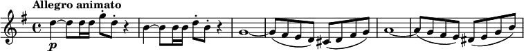 \relative c'' {
\set Score.tempoHideNote = ##t \tempo "Allegro animato" 4=135 \key g \major \time 4/4
d4~\p d8 d16 d g8-. d-. r4 b4~ b8 b16 b d8-. b-. r4
g1~ g8( fis e d) cis( d fis g) a1~ a8( g fis e) dis( e g b)
}