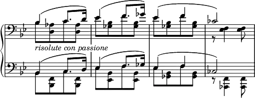 
 \relative c' {
  \new PianoStaff <<
   \new Staff  \with { \remove "Time_signature_engraver" } { \key bes \major \time 2/4  \set Score.tempoHideNote = ##t \tempo "" 4=160 \clef bass
    \mergeDifferentlyDottedOn
    <<
     { (bes4 c8. d16) es4( f8. ges16) es4( f ces2) }
    \\
     {
      bes8[ <aes d,> c <aes d,>] es'[ <bes ges> f' <bes, ges>]
      es[ <bes ges> f' <bes, ges>] r <f es>4 <f es>8
     }
    >>
   }
   \new Dynamics {
    \override TextScript #'whiteout = ##t
    s8_\markup \italic { risolute con passione }
   }
   \new Staff  \with { \remove "Time_signature_engraver" } {  \key bes \major \time 2/4 \clef bass
    \mergeDifferentlyDottedOn
    <<
     { (bes,4 c8. d16) es4( f8. ges16) es4( f ces2) }
    \\
     {
      bes8[ <f bes,> c' <f, bes,>] es'[ <bes es,> f' <bes, es,>]
      es[ <bes ges> f' <bes, ges>] r <f aes,>4 <f aes,>8
     }
    >>
   }
  >>
 }
