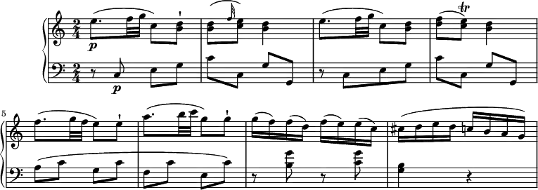 
\version "2.18.2"
\header {
  tagline = ##f
}
upper = \relative c'' {
    \tempo "Allegretto"
    \key c \major
     \time 2/4
    \tempo 4 = 88
   e8. \p (f32 g c,8) <b d>-!
    <b d> ( \grace f'32 <c e>8) <b d>4
    e8.  (f32 g c,8) <b d>
    <d f> (<c e> \trill ) <b d>4
    f'8.  (g32 f e8) e-!
    a8. (b32 c g8) g-!
    g16 (f) f (d) f (e) e (c)
    cis (d e d c b a g)
  }

lower =\relative c' {
    \clef "bass"
    \key c  \major
    \time 2/4
      r8 c, \p e g
      c c, g' g,
      r8 c  [e g]
      c c, g' g,
      a' (c g c f, c' e, c')
      r <b g'> r <c g'>
      <g b>4 r
       
  }
\score {
  \new PianoStaff <<  
    \new Staff = "upper" \upper
    \new Staff = "lower" \lower
  >>
  \layout {
    \context {
      \Score
      \remove "Metronome_mark_engraver"
    }
  }
  \midi { }
}
