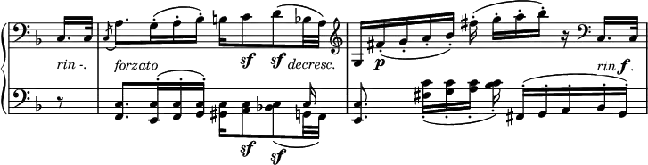 
 \relative c' {
  \new PianoStaff <<
   \new Staff \with { \remove "Time_signature_engraver" } { \key f \major \time 6/8 \clef bass \partial 8
    c,16. c32 \acciaccatura c8 a'8. g16-.( a-. bes-.) b c8\sf d\sf( bes32 a) \clef treble
    g16[ fis'-.( g-. a-. bes-.)] fis'-.( g-.[ a-. bes-.]) r \clef bass c,,,16. c32
   }
   \new Dynamics {
    \override TextScript #'whiteout = ##t
    s8_\markup { \italic { rin -. } } s8._\markup \italic forzato s4 s8. s16_\markup \italic decresc. s16
    s16 s16_\markup \dynamic p s4 s4 s8_\markup { \italic rin \dynamic f . }
   }
   \new Staff \with { \remove "Time_signature_engraver" } { \key f \major \time 6/8 \clef bass
    <<
     {
      d8\rest <c f,>8. <c e,>16-.( <c f,>-. <c g>-.) s16 s4 c16 <c e,>8. s4 fis,16-.( g -. a-. bes-. g-.)
     }
    \\
     { s8 s4. <c gis>16 <c a>8\sf <c bes!>\sf( g!32 f) s8. <c'' fis,>16-.( <c g>-. <c a>-. <c bes>-.) }
    >>
   }
  >>
 }
